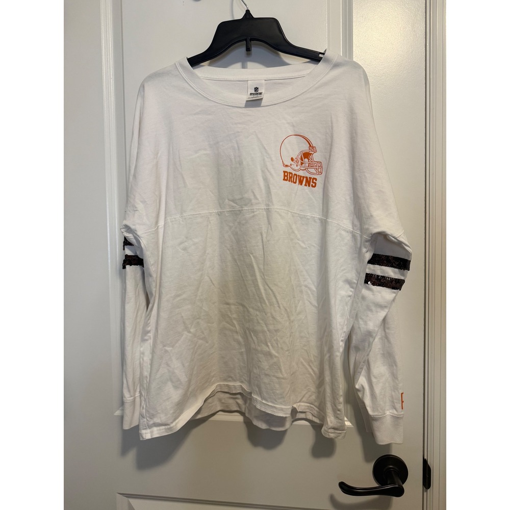 PINK NFL Cleveland Browns Tee Womens L White Excellent Sequin Spirit Jersey
